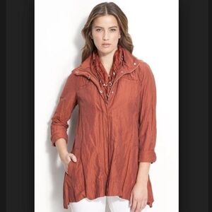 EILEEN FISHER JACKET ROLL SLEEVE CRINKLED ZIP BURNT ORANGE CASUAL OUTDOOR W/HOOD